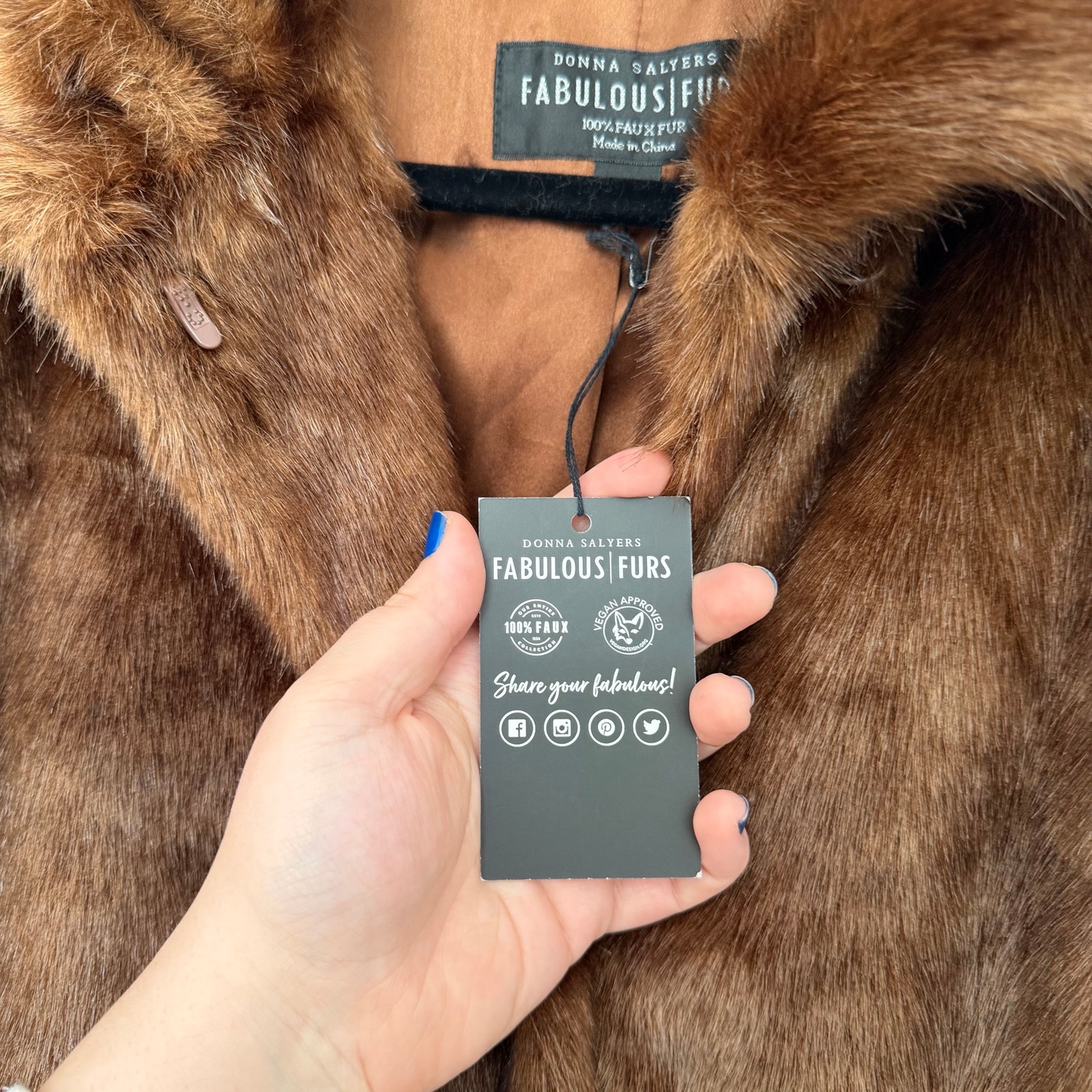 Donna Salyers Fabulous Furs (Xl) Brown Faux Mink Fit Flare Long Coat Nwt — image 8 of 8